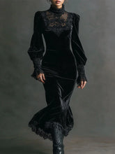 Cyflymder Velvet Lace Patchwork Dress for Women's Gothic Punk Puff Sleeve Lace Trim Cut Out Dress Party Vintage Autumn Long Sleeve Dress