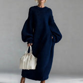 Cyflymder Lantern Sleeve Oversize Loose Sweater Dress for Women's Round Neck Solid Elegant Vintage Casual Winter Long Dress for Winter