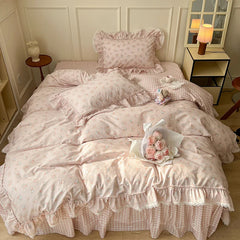 Cyflymder Korean Princess Style Ruffles Flower Print Bedding Set Duvet Cover Set Bed Skirt Bedspread Pillowcases 100% Cotton Home Textile