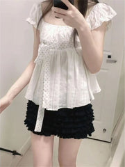 Cyflymder Coquette Sweet French 2 Piece Set Women Puff Sleeve Square Neck Polka Dot Bow Blouse Ruffle Cake Shorts Casual Daily Outfit