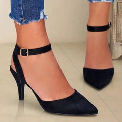 Cyflymder Elegant Flock High Heels for Women Solid Color Buckle Slingback Women's Sandals Sexy Stiletto Heel Banquet Office Shoes Female