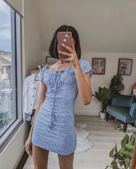 Cyflymder Retro Blue Floral Print Dr Sweet Front Bow Large Collar ort Sve Waist Cinched Street Sle Summer Dr for Women