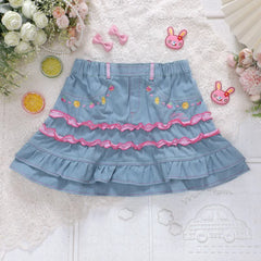 Cyflymder Japanese Sweet Lolita Style Mini Denim Skirt Women Kawaii Embroidery Ruffles Cake Skirts Summer Female Fashion Y2K Party Skirts