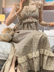 Cyflymder Korean Kawaii Princess Nightdress Women Summer Sleeveless Ruffles Printed Princess Nightgowns Sweet Girl Pajama Sleepwear