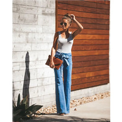 Cyflymder Blue Tie Waist Flare Jeans Women Slim Denim Trousers Vintage Clothes spring High Pants Belted Stretchy Wide Leg