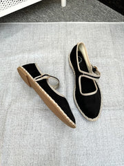 Cyflymder Pointed Toe Mary Jeans Flats Shoes Women Velvet Black Cloth Ballet Flats Spring Autumn Hand Stitch Buckle Strap Shoes Footwear