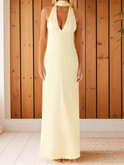 Cyflymder Elegant Maxi Dress with Boho Floral Print and Halter Neckline Sexy Backless V-Neck Sleeveless Dress for Summer Beach Party