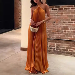 Cyflymder Halter Cross Straps Long Pleated Asymmetric Hem Sleeveless Backless Elegant Evening Long Maxi Dresses Sexy Holiday Chic Summer
