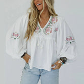 Cyflymder White Lovely Blouses Shirts Women Puff Long Sleeve Floral Embroidery Pullover Top Autumn Blouse Boho Beach Blusas Ladies Tops