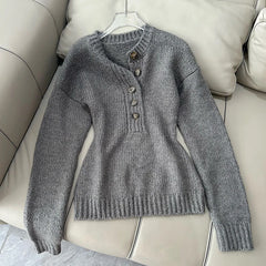 Cyflymder Y2K Slim Gray Sweaters Women Vintage O Neck Long Sleeve Knitted Jumper Casual Buttons Retro Fall Winter Simple Tops Pullover New