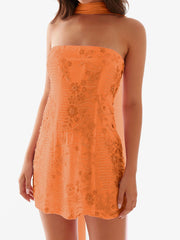 Cyflymder Summer Women Sequin Strapless Mini Dress with Scarf Y2K Rhinestone Sleeveless Off Shoulder Dress Sexy Backless Club Party Dress