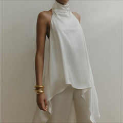 Cyflymder Women's New Satin Neck Irregular Top Ice Silk Sleeveless Vest Temperament Celebrity Shirt