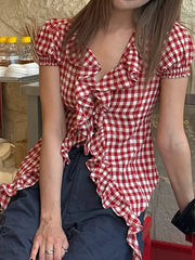 Cyflymder American Sle Vintage Sexy Slim Fit Ruffle ort Sve Women's irt Floral Print Bubble Sve Casual Summer Top