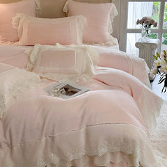 Cyflymder 4Pcs Pink Vintage French Lace Ruffles Princess Bedding Set Winter Milk Velvet Plush Duvet Cover Cover Set Bed Sheet Pillowcases