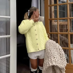 Cyflymder Elegant Cardigan Sweater Women 2025 New Autumn Yellow Twist Knitted Top Single Breasted Long Sleeve Jumper Casual Knitwear Coat