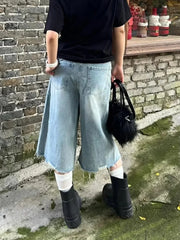 Cyflymder Women's Summer Vintage Fringed Denim Cropped Pants Cool Girl Male Wide Leg Knee Length Shorts Fashion Denim Trouser Pants