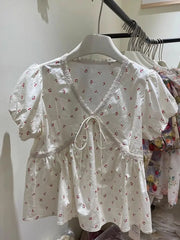 Cyflymder Cherry Print Puff Sleeve Blouse Women Summer V Neck Bow Tie Spliced Lace Shirts Japanese Sweet All Match Y2k Tops
