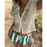 Cyflymder eyelet blouse for women cotton hollow out turn-down collar woman tops new short sleeve blouse for swimsuits