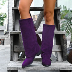 Cyflymder Purple Chunk Flock Square Heel Boots Women Knee High Pointer Toe Heels Shoes Woman Trend Chelsea Boots Mujer Gladiator Botas