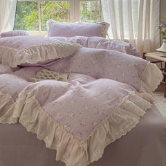 Cyflymder Korean Princess Style Floral Lace Ruffles Bedding Set 100% Cotton Double Yarn Duvet Cover Flat/Fitted Bed Sheet Pillowcases 4Pcs
