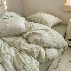 Cyflymder INS French Style Fresh Floral Lace Trim Four-Piece Set Washed Cloud Cotton Quilt Cover Bed Sheet Dormitory Bed Sheet Sets