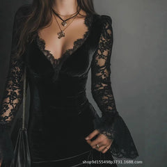 Cyflymder Sexy Lace V-neck Mini Dress for Women's Flare Sleeve Velvet See Through Slim Gothic Punk High Street Vintage Elegant Dress