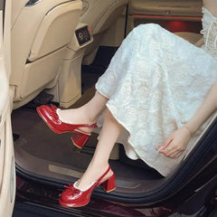 Cyflymder Sweet Bowknot Patent Leather Mary Jane Shoes Women Summer Pointed Toe High Heel Sling Back Pumps Fashion Party Dress Shoes