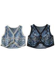 Cyflymder Women s Floral Embroidered Sleeveless Denim Vest with V Neckline and Button Closure - Stylish Summer Tank Top Jean Jacket