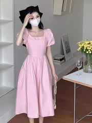 Cyflymder Pink Square Neck Long Dress Summer New Style First Love Sweet Super Fairy Elegant Casual Dress
