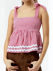 Cyflymder Women s Sleeveless Plaid Print Babydoll Tank Top with Square Neckline and Smocked Detail - Trendy Summer Shirt