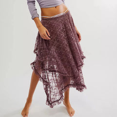 Cyflymder Women's Solid Color Midi Skirts Lace Elastic High Waist Skirts Spring Summer Sweet Irregular Hem Casual Skirts