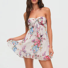 Cyflymder One Shoulder Mini Ruffles Dress Elegant Summer Floral Print Tie-up Party Dress Simple Women Backless Beach Dress New Sweet