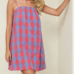 Cyflymder Women Y2k Gingham Mini Cami Dress Boho Graphic Spaghetti Strap Flowy Short Dress Cute Summer Holiday Sundress