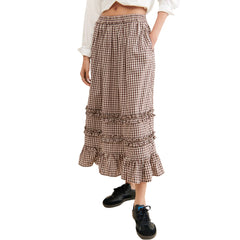 Cyflymder Women's Plaid Print Frill Trim Ruffled Long Skirt Autumn Casual Elastic High Waist Loose Fit A-Line Skirt for Streetwear