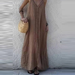 Cyflymder New Summer Solid Color Loose Evening Dress Elegant V-neck Linen Vacation Style Dress Fashion Ruffles Sleeveless Long Sling Dress