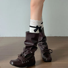 Cyflymder Vintage Flats Women Western Cowboy Boots Fashion Ladies Square Toe Pleated Knight Mid Calf Booties