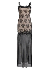Cyflymder Sexy Sheer Mesh Lace Maxi Dress Women Elegant Spaghetti Strap Sleeveless See Through Slim Long Gown for Special Occasion
