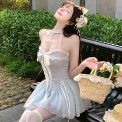 Cyflymder Spring Summer Dress Women Sweet Kawaii Slim Mini Dress Y2k Fluffy Harajuku Sexy Dresses Off-shoulder Party Birthday Wedding Gown