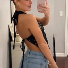 Cyflymder Vintage Transparent Lace Tees Sexy Backless Bandage Halter Crop Tops Women Chic Patchwork Tees Ladies Summer Clubwear