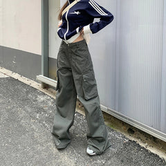 Cyflymder 100% Cotton Women Cargo Pants Loose Y2K Wide Leg Pants Fashion Designed Pockets Female Baggy Trousers New