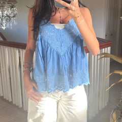 Cyflymder Women Eyelash Lace V Neck Spaghetti Strap Cami Top Flowy Peplum Tank Coquette Y2K Summer Vacation Daily Crop Tops