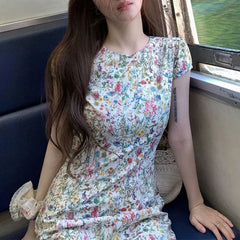 Cyflymder Monet Broken Flowers Waist Aura Dresses Summer Vintage Printed Female Clothing Round Neck Elegant A-Line Short Sleeve Long Dress
