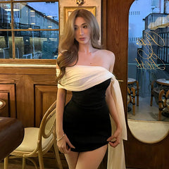Cyflymder Color Patchwork Lace Up Ribbon Bodycon Mini Dress Women Elegant Sexy Ruched Off Shoulder Strapless Wrap Hip Slim Party Clubwear