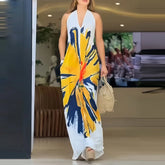 Cyflymder Fashion Sleeveless Holiday Women Dress 2025 Floral Print Sleeveless Loose Long Dress Lady Sexy Halter V Neck Pocket Beach Dress