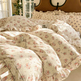 Cyflymder 4Pcs Korean Princess Style Ruffles Floral Bedding Set Skin-friendly Soft Comfortable Duvet Cover Bed Skirt Bedspread Pillowcases