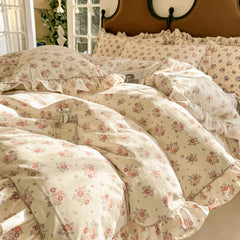 Cyflymder 4Pcs Korean Princess Style Ruffles Floral Bedding Set Skin-friendly Soft Comfortable Duvet Cover Bed Skirt Bedspread Pillowcases