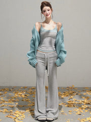 Cyflymder Y2k Aesthetic 3 Piece Sets Grunge Loose Solid Cardigan + Patchwork Fairy Vest + Drawstring Stripe Flared Pants Autumn Outfits