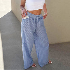 Cyflymder Women's Spring Summer Baggy Pants Fashion Drawstring Waistband Loose Wide Leg Striped Pants Y2K Streetwear