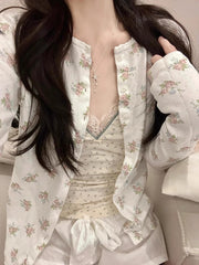 Cyflymder Cotton Cardigans Women Roses Pattern Loose Prairie Chic Tops for Sweet Girls Kawaii Clothes