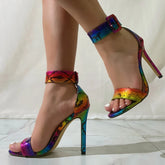 Cyflymder Mixed Colors Snake Print Leather Women Shoes Fashion Big Buckle Ankle Cover Strap Sandals Sexy Party Club Stripper Heels